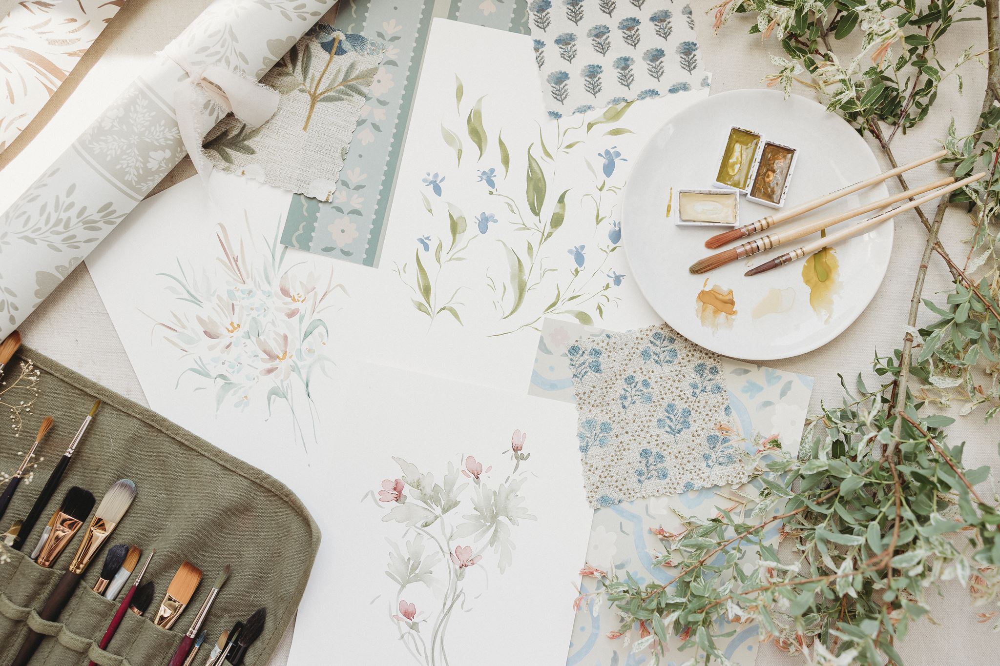 Paint brushes, art work and surface pattern design